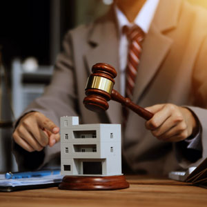 Lawyer with gavel over house model, symbolizing real estate law.
